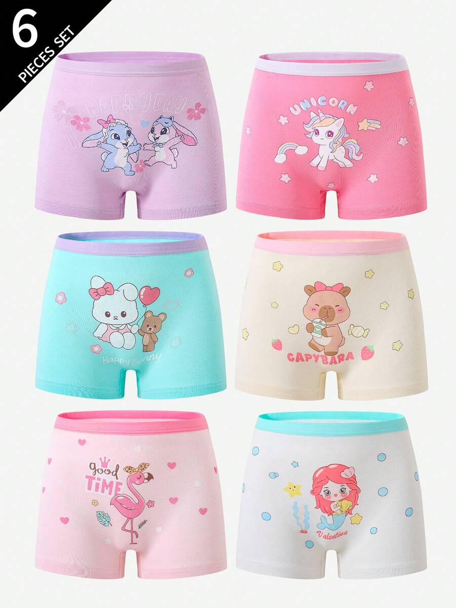 SHEIN 6条/套 女孩舒适美人鱼、独角兽、水豚、火烈鸟印花纯棉三角内裤 - 彩色 - 查看 1