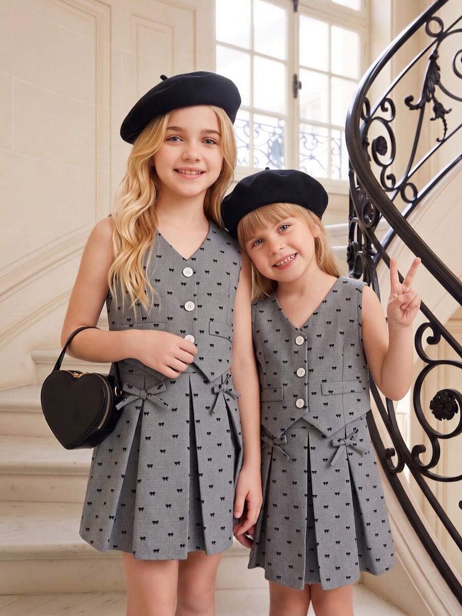 Elladie kids 复古蝴蝶结灰色西装背心和百褶迷你裙两件套，休闲优雅设计 - 灰色 - 查看 1