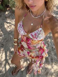 Soleia This Elegant And Sexy Y2k Summer Camisole Is The Perfect Choice For Vacations, Beach Trips, Western Music Festivals, And Parties. It Features A High-Stretch Mesh Knit Fabric, A Tropical Floral Pattern, Delicate 3D Sequined Detailing At The Bust, An Open Back, And A Fitted Silhouette. Summer Tops,Festival Outfit Women ,Party Top,Each Outfit. - Multicolor - View 2