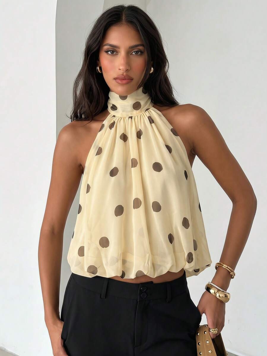 Aloruh Women's Casual Polka Dot Print Halter Top, Summer,Summer Top - Apricot - View 1