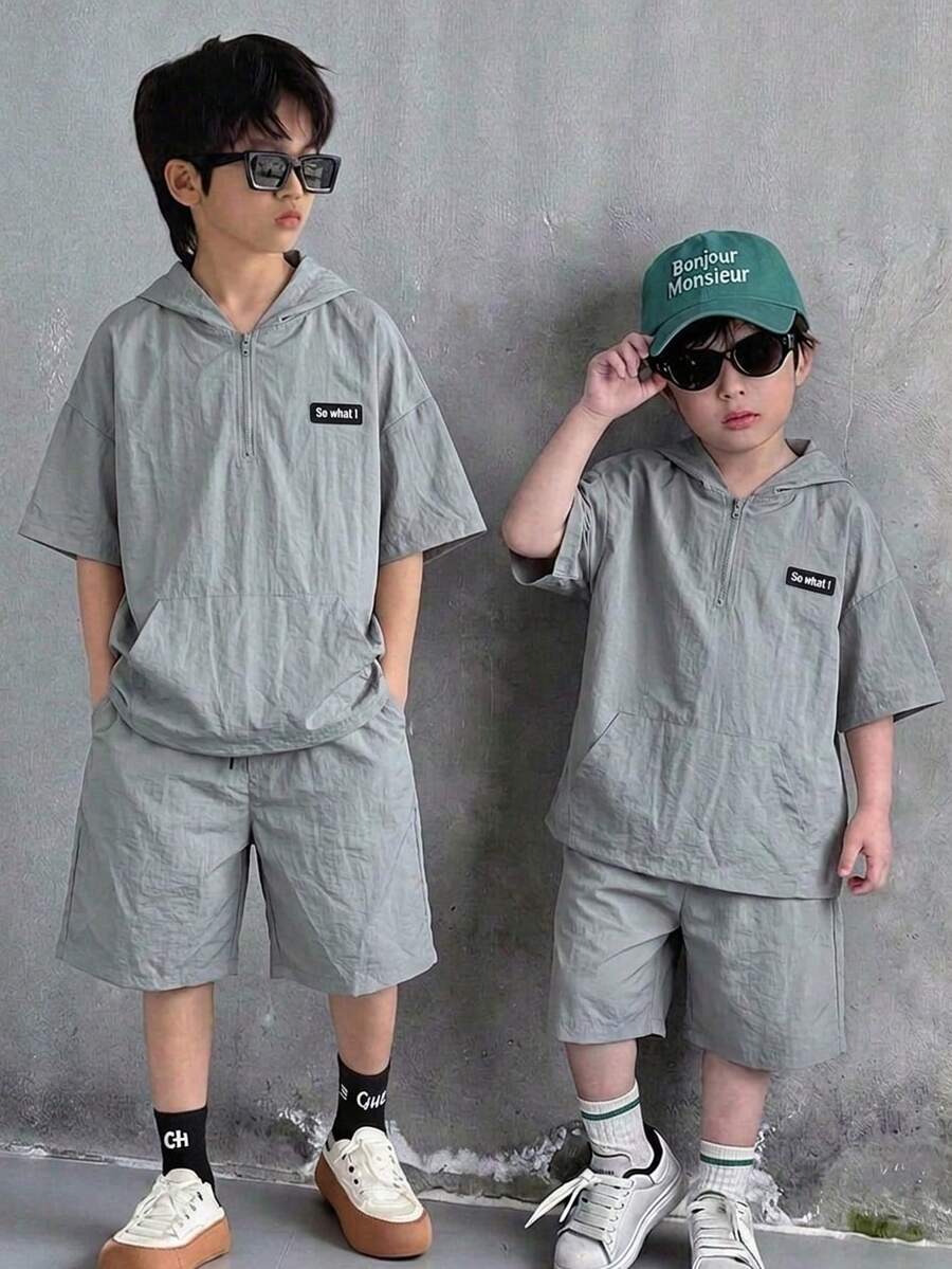 2件套儿童/青少年男童休闲百搭舒适立领拉链宽松短袖上衣和短裤套装,适合学校、花园、海滩、生日、春夏等场合。 - 綠色 - 查看 1