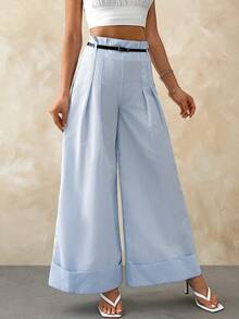 SHEIN Blue And White Striped Elegant Wide Leg Pant With Belt Pants For Summer And Spring - Blue and White - View 4
