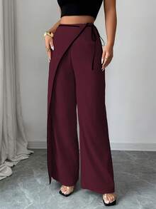 SHEIN Elenzya 优雅杏色撞色阔腿女士西装裤 - 酒紅色 - 查看 4