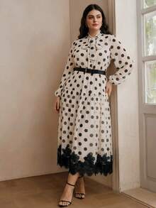 Anewsta Plus Size High-Quality Vintage Sweet Polka Dot Dress, Tie Waist Ruffle Hem Lace Trim Slimming Midi Dress, Suitable For Work And Dates, Spring To Summer - Black and White - View 4