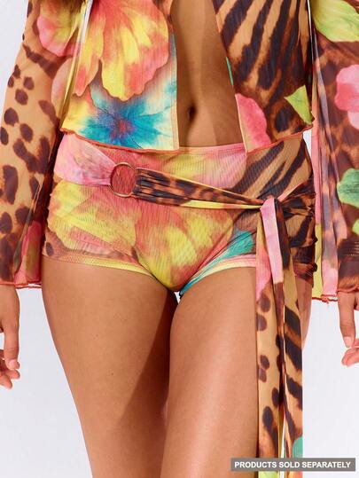 MUSERA 豹纹印花修身超短裤，配有环扣装饰腰带，仅含下装，可爱性感，适合夏季春季度假派对外出穿着。