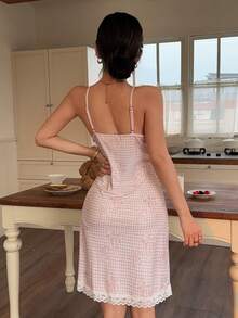 Napfluff Plaid Bow Print Lace Patchwork Fitted Camisole Nightgown - Pink - View 2