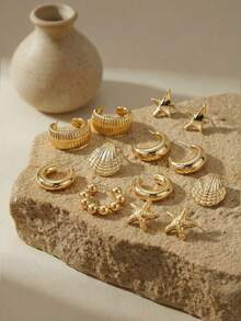 Arave 2-18pcs Fashionable & Elegant Starfish & Seashell Elements Women Jewelry Earrings, Suitable For Daily Wear All Year Round - Gold - View 4