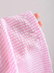 Sweetra Ensemble femme Top à col ras-du-cou texturé rayé dos nu et pantalon droit jambe large, idéal pour le printemps, l'été, les voyages et les vacances - Rose bonbon - Voir 6