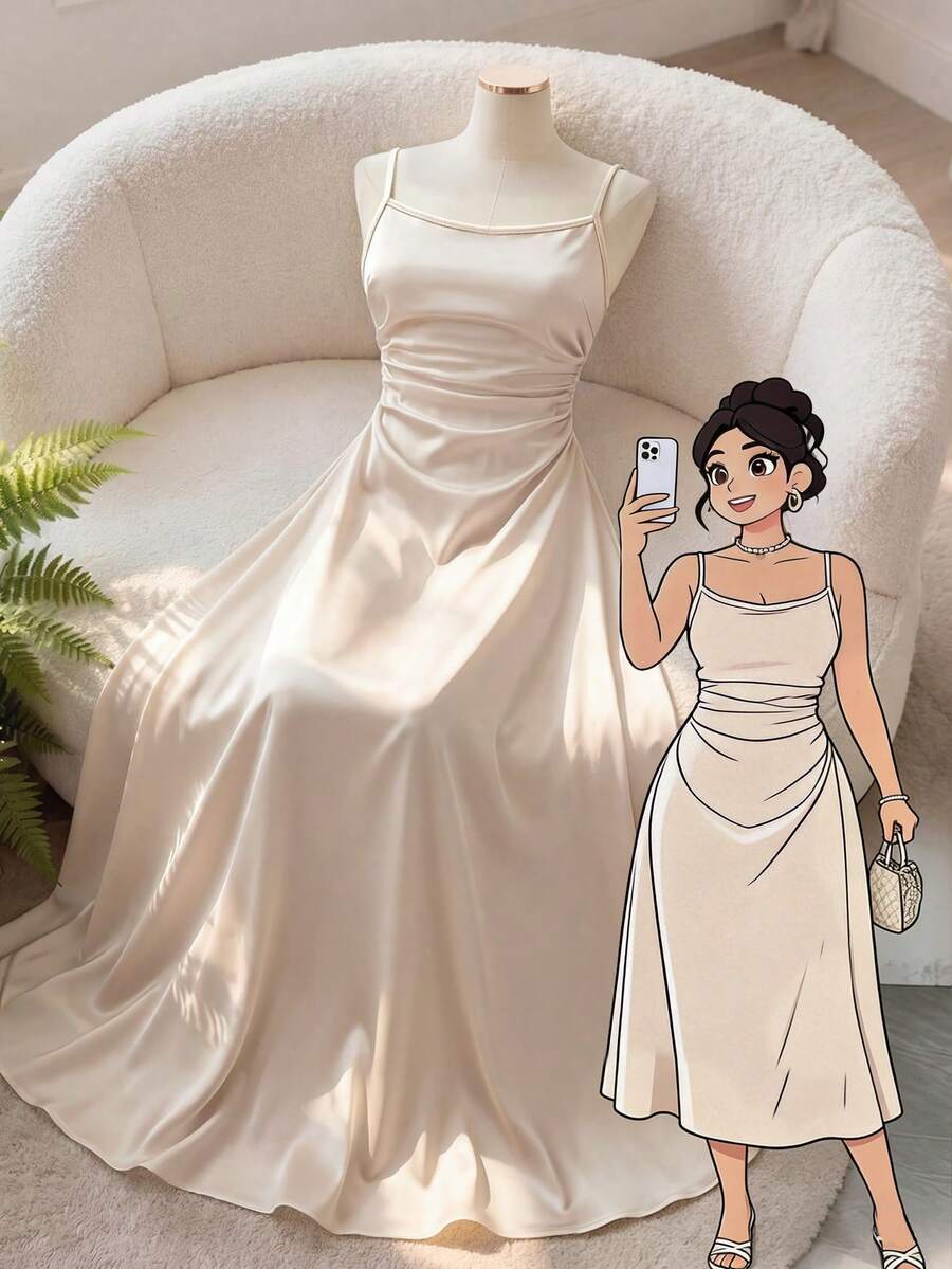 GlowEve CURVE Plus Size Women Waist Ruched Slimming Fashionable Spaghetti Strap Dress - Apricot - View 1