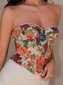 Bris Aura Romantisches Jacquard Blumen Patchwork Bustier Crop Top mit Knochendetail und Trägerdetail für Frauen - Verschiedenfarbig - Übersicht 5