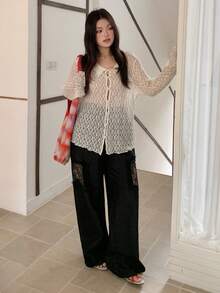 Dazy Plus Plus Size Women Casual Loose Lace Patchwork Flare Sleeve Sheer Top, Spring/Summer Long Sleeve - White - View 5