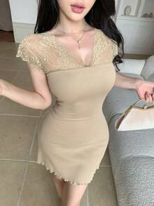 Joudiya Đầm dự tiệc ngắn cổ chữ V phối ren, thanh lịch, thắt eo dành cho nữ - Màu Khaki - Xem 7