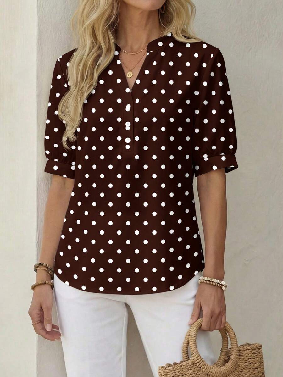 Camisa de mujer con estampado de lunares blancos sobre base rojo-marrón, de estilo minimalista y casual, adecuada para primavera/verano, vacaciones, estilo retro - Multicolor - Ver 1