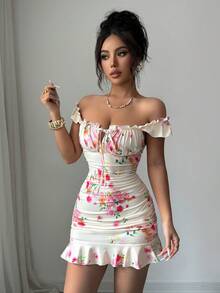 VaVaBold Đầm ôm sát không tay in hoa với viền bèo nhún - Màu vàng - Xem 5