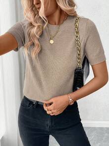 SHEIN PariChic Women's Fashionable Versatile Minimalist Crew Neck Knit Top, Suitable For Daily Commute - Mocha Brown - View 7