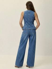 Poéselle Bộ đồ denim nữ cổ tròn cài cúc một hàng, gồm áo và quần, kiểu dáng thường ngày. - Rửa trung bình - Xem 6