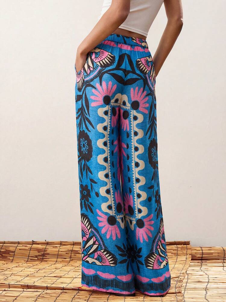 SHEIN Maija Women's Summer Clothing Front Button Zipper Back Elastic Waist Side Pockets Western Style Vacation Outfit Floral Print Interesting Pattern Loose Fashionable Casual Daily Comfortable Pants