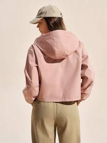 SHEIN In My Nature 女士落肩长袖前开襟纽扣宽松连帽休闲外套 - 藕粉色 - 查看 2