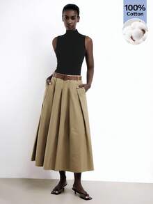 SHEIN X Scot Louie Maija 新款春夏卡其色褶裥侧袋设计可拆卸PU皮带女裙，适合办公室穿着 - 卡其色 - 查看 9