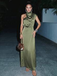 Aloruh Nuevo vestido de satén asimétrico de primavera/verano con cuello mao, cintura ceñida y elegante, vestido de invitada de boda, vestido de trabajo elegante, vestido de fiesta de noche, vestido verde para el Día de San Patricio, vestido verde militar, vestidos de lujo verde oscuro para mujer, vestido largo de cuello alto verde menta, vestido formal elegante, vestidos casuales largos clásicos para mujer, vestidos de verano para mujer - Verde - Ver 3