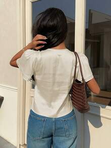 Serisse 女士撞色蕾丝V领系腰花瓣袖衬衫 - 杏色 - 查看 2