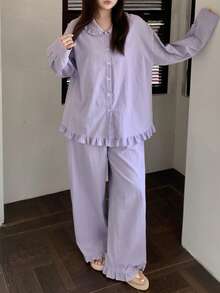 Dazy Plus Bộ đồ ngủ 2 món màu trơn dễ thương gồm áo cổ Peter Pan dáng rộng và quần dài, màu xanh dương, đồ ngủ thường ngày. - Màu xanh lam - Xem 4