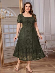 SHEIN Clasi Plus Size Solid Color Square Neck Short Sleeve Elegant Dress, Summer - Army Green - View 7