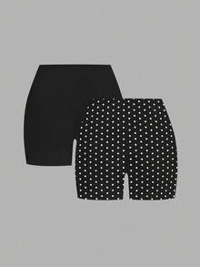 SHEIN EZwear 2pcs Casual Retro Polka Dot Fabric Black Plus Size Women Shorts - Multicolor - View 2