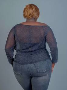 CurvyTilda Plus Size Women's Sheer Mesh Loose Casual Blouse, For Hourglass Body Shape - Black - View 2