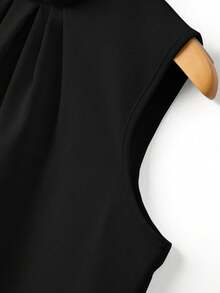 SHEIN 女士纯色立领褶皱衬衫，适合日常通勤 - 黑色 - 查看 5