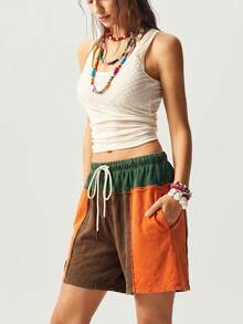 Bohemela Knit Patchwork Low Waist Loose Washed Shorts For Women - Multicolor - View 5