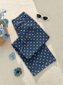 Comfortcana Denim Casuais Soltos com Estampa de Bolinhas Femininos - Lavagem escura - Visão 2