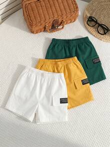 SHEIN Playful Pals 3条装男婴弹力腰短裤，多色梭织面料，侧边字母条纹，休闲工装风，适合6个月至3岁宝宝，夏季必备 - 彩色 - 查看 5