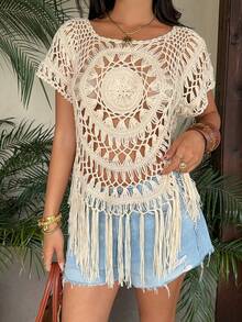 Selianne Delicate Handmade Crochet Cover Up White Short Sleeve Knitwear  Loose Hollow Out Fringe Top Women Pullover Sweater, Spring/Summer For Beach,Vacation,Dating,Music Featival - Apricot - View 6