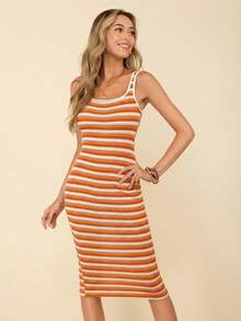Coeurva Vestido casual de verano para vacaciones, de punto texturizado y con rayas, ajustado - Naranja - Ver 4
