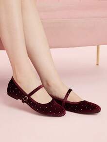 CUCCOO DOLLMOD Velvet Rivet Rhinestone Mary Jane Women's Shoes Spring And Summer New Commuting Fashion And Comfort Low Vamp Buckle With Flat Ballet Shoes - Burgundy - View 4