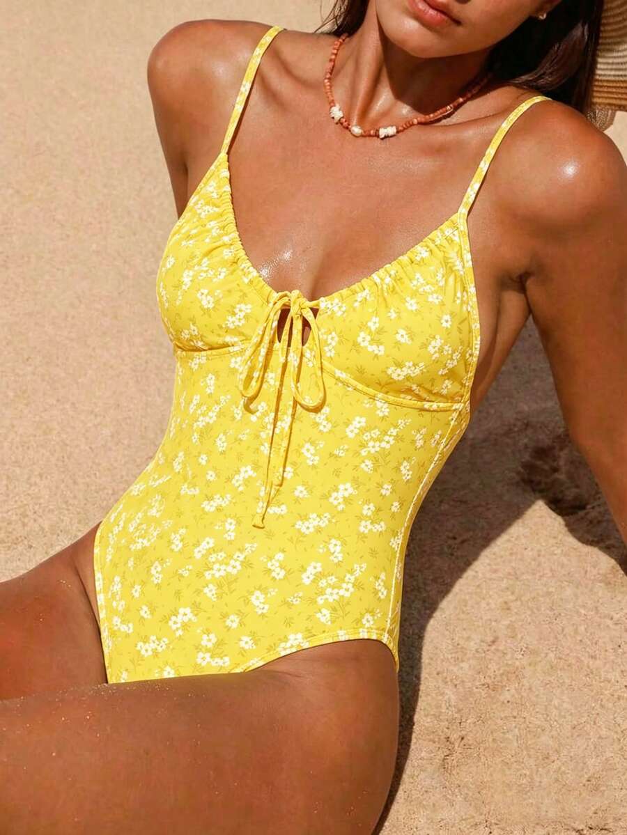Swim Mod Áo tắm liền thân họa tiết hoa nhí ngẫu nhiên dành cho nữ, mùa hè. - Màu vàng - Xem 1