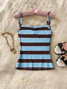 Glimmora Women's Summer New Casual Vacation Daily Commute Contrast Stripe Print Ruched Bust Camisole - Multicolor - View 1