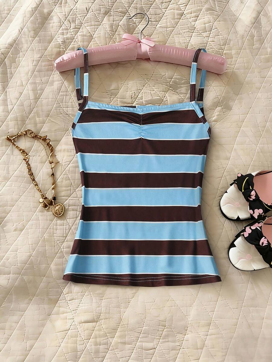 Glimmora Women's Summer New Casual Vacation Daily Commute Contrast Stripe Print Ruched Bust Camisole - Multicolor - View 1