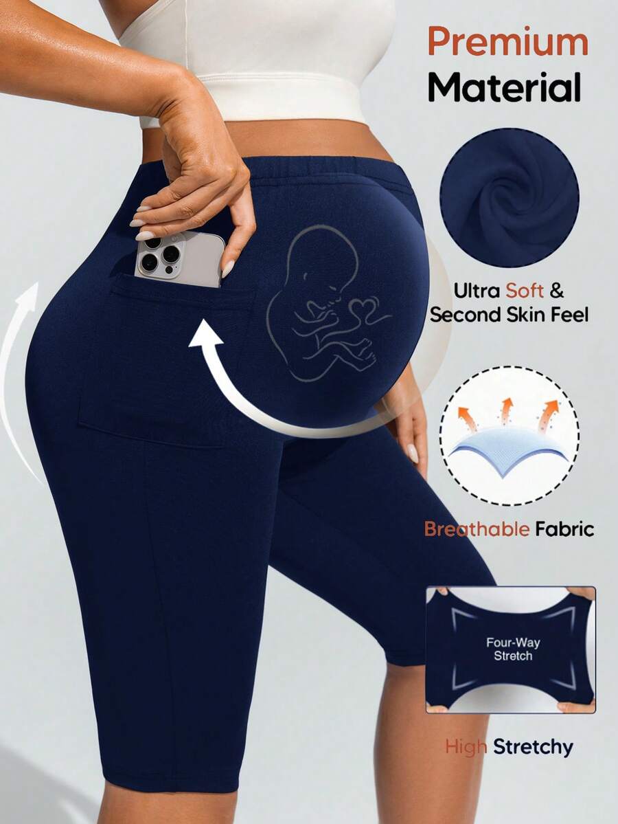 SHEIN Maternity Casual Solid Color Elastic Waist Pocket Lifting Leggings - Navy Blue - View 1