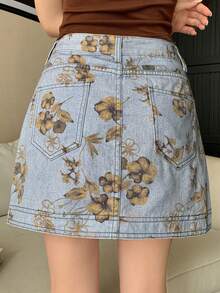 DAZY Chân váy denim ngắn dáng rộng, thoải mái, in họa tiết toàn thân, dành cho nữ, mùa xuân và hè. - Màu xanh lam - Xem 2