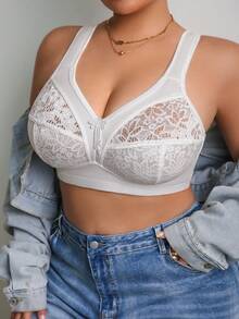 1pc Plus Size Lace Patchwork Wireless Bra - White - View 3