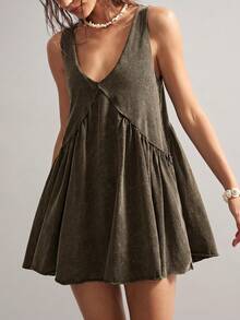 SHEIN BohoFeels Casual Solid Color Knit V-Neck Loose Women Short Dress - Army Green - View 6