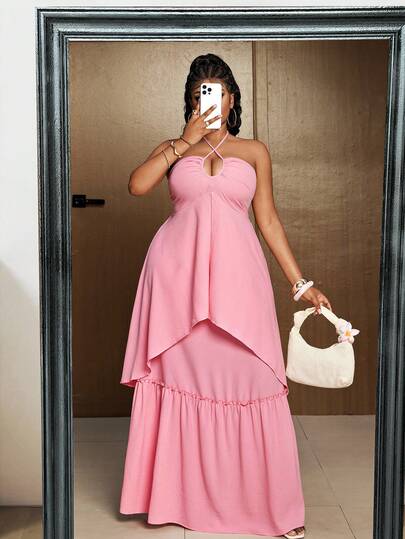 Maweii Plus Size Pink Halter Tie Crop Top And High Waist Mini Skirt 2 Pieces Set, Suitable For Beach Holiday