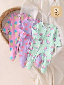 Bộ đồ ngủ 3 món cho bé sơ sinh, cổ tròn, tay dài, kiểu áo liền quần, phù hợp mọi mùa, màu xanh bạc hà, tím, hồng, nhiều màu sắc, in hình quả anh đào và trái cây, đồ ngủ mặc nhà hàng ngày, chất liệu mềm mại, nhẹ, thoải mái, thân thiện với da, chất lượng cao, kiểu dáng thời trang, dễ thương, thoáng khí, bộ đồ ngủ đa năng thiết yếu cho trẻ sơ sinh, bé trai và bé gái, quần áo mặc nhà ấm cúng. - Nhiều màu - Xem 6