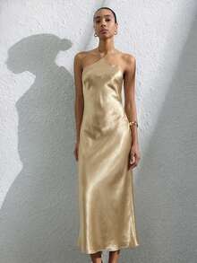Frievida Elegant Textured Zebra Print Color Block Waist Tie Long Scarf Neck Dress For Women - Champagne - View 5