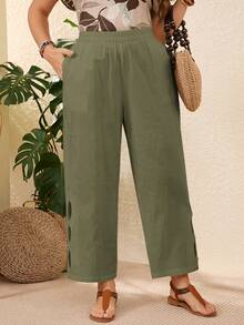 Rosumi Plus Size Vacation Casual Solid Color Hollow Out Pants,Summer Outfits For Women,Vacation Outfits Woman - Army Green - View 3
