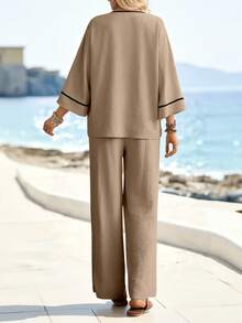 Breezaya Women's Color Block Top And Drawstring Waist Long Pants Casual Outfit - Khaki - View 2