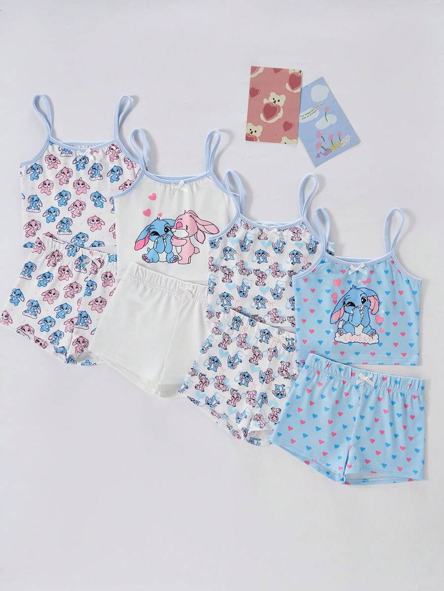 SHEIN GraphicGems 8件套女童简约时尚粉白甜心睫毛波点印花吊带背心和短裤内衣套装 - 彩色 - 查看 1