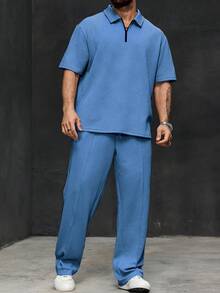 Manfinity Homme Plus Size Men's Solid Color Short Sleeve Polo Shirt And Pants Set - Blue - View 5